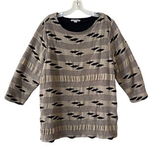Coldwater Creek Textured Knit 3/4 Sleeve Top Tan Black Geometric Artsy Office
